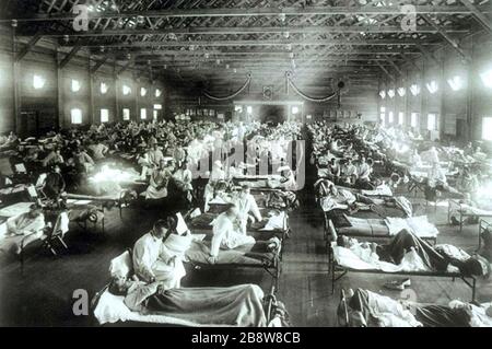 SPANISCHE GRIPPE-SOLDATEN aus Fort Riley, Kansas, die an spanischer Grippe erkrankt sind, werden in einem umgebauten Gebäude in Camp Funston hospitalisiert, in dem einige der ersten Fälle des Ausbruchs verzeichnet wurden.