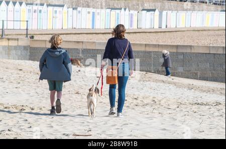 Lyme Regis, Dorset, Großbritannien. März 2020. Britische Wetterlage: Peoplee scheint den Regierungsratschlägen zu folgen, um soziale Distanzierungen zu betreiben und/oder sich von belebten Gebieten inmitten des Coronavirus-Ausbruchs fernzuhalten. Hundegänger an einem fast menschenleeren Strand in Lyme Regis. Kredit: Celia McMahon/Alamy Live News Stockfoto