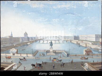 Die seine und der Louvre, Blick von der neuen Brücke Courvoisier (école française du début XIXème siècle). "La seine et le Louvre, vue pry du Pont-Neuf". Dessin, Vers. Paris, musée Carnavalet. Stockfoto