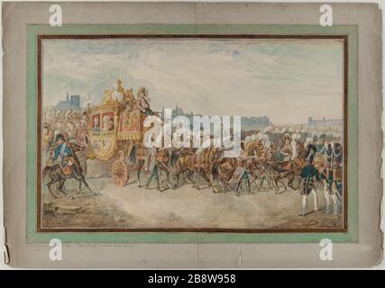 Charles X. hielt sich für die Rückkehr seiner Krönung in Paris im Jahr 1956 Charles-Edouard Crespy le Prince (1784-1850) auf. "Entrée de Charles X dans Paris au retour de son sacre en 1825. Im Jahre 1826. Aquarelle sur Papier, 1827. Paris, musée Carnavalet. Stockfoto