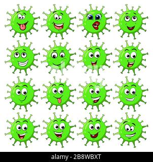 Viruscorona-Zelle Cartoon-Charakter-Design mit Happenface. Coronavirus-Vektor-Abbildung mit Gesichtsausdruck großer Satz isoliert auf weißem Hintergrund Stock Vektor