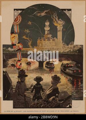 Das fest vom 14. Juli: Die Illuminationen der Pont de l'Alma und Trocadero Stockfoto