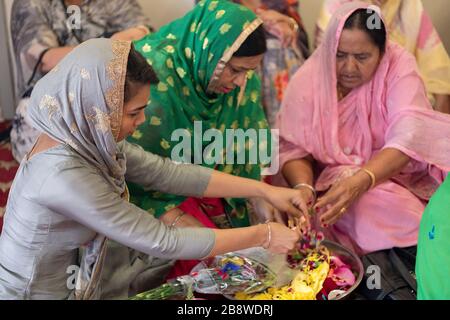 Verschleuche Sikh-Frauen verschiedener Altersgruppen brechen aus Blumenblättern, die in einem Morgengottesdienst verwendet werden sollen. Im Sikh Cultural Center in South Richmond Hill, Queens. Stockfoto