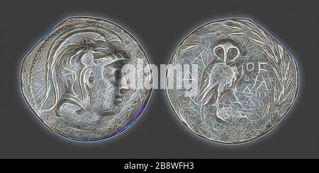 Tetradrachm (Münze) mit der Darstellung der Gottes-Athene, 196/187 v. Chr., Griechisch, Athen, Silber, Diam. 3,6 cm, 16,08 g, von Gibon neu vorgestellt, Design von warmem, fröhlichem Leuchten von Helligkeit und Lichtstrahlen. Klassische Kunst mit moderner Note neu erfunden. Fotografie, inspiriert vom Futurismus, die dynamische Energie moderner Technologie, Bewegung, Geschwindigkeit und Kultur revolutionieren. Stockfoto