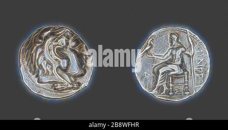 Tetradrachm (Münze) porträtiert Alexander den großen als Herakles, 323/317 v. Chr., Griechisch, geprägt in Sidon, im alten Phönizien, Makedonien, Silber, Diam. 2,6 cm, 17,22 g, von Gibon neu erdacht, Design von warmem, fröhlichem Leuchten von Helligkeit und Lichtstrahlen. Klassische Kunst mit moderner Note neu erfunden. Fotografie, inspiriert vom Futurismus, die dynamische Energie moderner Technologie, Bewegung, Geschwindigkeit und Kultur revolutionieren. Stockfoto