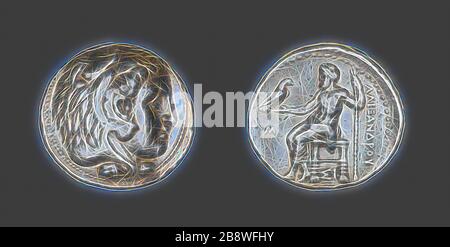 Tetradrachm (Münze) porträtiert Alexander den großen, 336/323 v. Chr., Griechisch, geprägt in Sidon, im alten Phönizien, Syrien, Silber, Diam. 2,8 cm, 17,15 g, von Gibon neu vorgestellt, Design von warmem, fröhlichem Leuchten von Helligkeit und Lichtstrahlen. Klassische Kunst mit moderner Note neu erfunden. Fotografie, inspiriert vom Futurismus, die dynamische Energie moderner Technologie, Bewegung, Geschwindigkeit und Kultur revolutionieren. Stockfoto