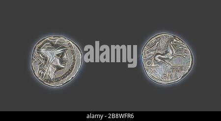 Denarius (Münze) mit der Darstellung der Gottheit Roma, 91 v. Chr., Roman, geprägt in Rom, Italien, Silber, Diam. 1,8 cm, 3,78 g, von Gibon neu erdacht, Design von warmem, fröhlichem Leuchten von Helligkeit und Lichtstrahlen. Klassische Kunst mit moderner Note neu erfunden. Fotografie, inspiriert vom Futurismus, die dynamische Energie moderner Technologie, Bewegung, Geschwindigkeit und Kultur revolutionieren. Stockfoto