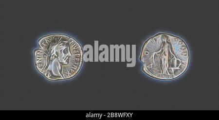 Denarius (Münze) porträtiert Kaiser Antoninus Pius, Chr. 152, Roman, geprägt in Rom, Römisches Reich, Silber, Diam. 1,9 cm, 3,17 g, von Gibon neu vorgestellt, Design von warmem, fröhlichem Leuchten von Helligkeit und Lichtstrahlen. Klassische Kunst mit moderner Note neu erfunden. Fotografie, inspiriert vom Futurismus, die dynamische Energie moderner Technologie, Bewegung, Geschwindigkeit und Kultur revolutionieren. Stockfoto