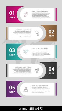 Vektorvorlagen beschriften Infografiken. Geschäftskonzept mit 5 Optionen und Teilen. Fünf Schritte für Diagramm, Diagramme und Diashow. Pfad für Schritt Stock Vektor
