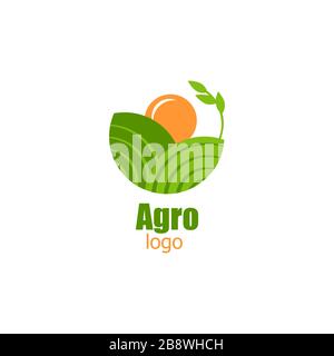Agro-Logo für vegane Lebensmittel oder Unternehmen. Grüne Felder und orangefarbene Sonne. Vektor Stock Vektor