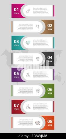 Vektorvorlagen beschriften Infografiken. Geschäftskonzept mit 8 Optionen und Etiketten. Acht Schritte für Diagramm, Diagramme und Diashow Stock Vektor
