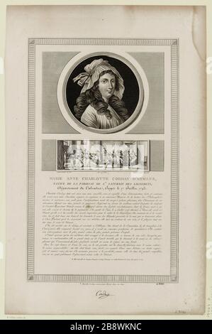 Marie Anne Charlotte Corday von Armans, / geboren in der Pfarrei St. Saturin von Lignerets, / Calvados, urteilte am 17. Juli 1893 // Charlotte Corday ermordet Marat in seinem Bad. Stockfoto