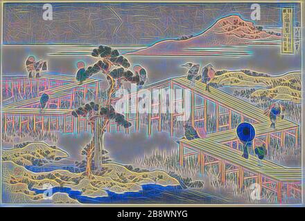 Blick auf die achtplankige Brücke in der Provinz Mikawa (Mikawa no Yatsuhashi no kozu), aus der Serie ungewöhnliche Ansichten berühmter Brücken in verschiedenen Provinzen (Shokoku meikyo kiran), c 1833/34, Katsushika Hokusai ?? ??, Japanisch, 1760-1849, Japan, Farbholzholzmuster, oban, von Gibon neu vorgestellt, Design von warmfröhlichem Leuchten von Helligkeit und Lichtstrahlen. Klassische Kunst mit moderner Note neu erfunden. Fotografie, inspiriert vom Futurismus, die dynamische Energie moderner Technologie, Bewegung, Geschwindigkeit und Kultur revolutionieren. Stockfoto