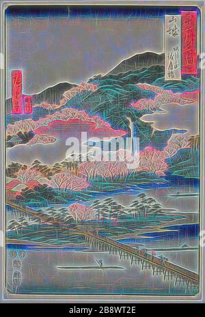 Provinz Yamashiro: Die Togetsu-Brücke in Mount Arashi (Yamashiro, Arashiyama Togetsukyo), aus der Serie berühmte Orte in den sechzig ungeraden Provinzen (Rokujuyoshu meisho zue), im Jahr 1853, Utagawa Hiroshige ?? ??, Japanisch, 177-1858, Japan, Farbholzholzmuster, oban, von Gibon neu vorgestellt, Design von warmfröhlichem Leuchten von Helligkeit und Lichtstrahlen. Klassische Kunst mit moderner Note neu erfunden. Fotografie, inspiriert vom Futurismus, die dynamische Energie moderner Technologie, Bewegung, Geschwindigkeit und Kultur revolutionieren. Stockfoto