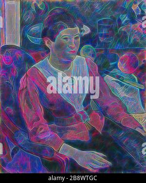 Woman in front of a Still Life by Cézanne, 1890, Paul Gauguin, French, 1848-1903, France, Oil on linen canvas, 65.3 × 54.9 cm (25 11/16 × 21 5/8 in.), Reimagined by Gibon, design of warm cheerful glowing of brightness and light rays radiance. Classic art reinvented with a modern twist. Photography inspired by futurism, embracing dynamic energy of modern technology, movement, speed and revolutionize culture. Stockfoto