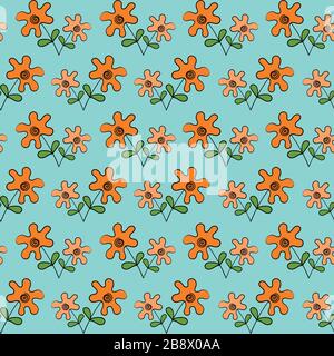 Stilisierte, niedliche orangefarbene Blumen mit einem Stamm und Blättern, viele kleine auf blauem Hintergrund. Nahtloses Farbvektormuster. Stock Vektor