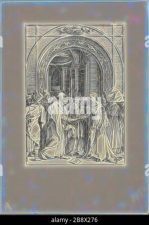 Das Betrothal der Jungfrau, aus dem Leben der Jungfrau, c 1504, erschienen 1511, Albrecht Dürer, deutsch, 1471-1528, Deutschland, Holzschnitt in Schwarz auf elfenbeinfarbenem Laienpapier, 297 x 208 mm (Bild), 448 x 309 mm (Blatt), von Gibon neu erdacht, Entwurf von warmfröhlichem Leuchten von Helligkeit und Lichtstrahlen. Klassische Kunst mit moderner Note neu erfunden. Fotografie, inspiriert vom Futurismus, die dynamische Energie moderner Technologie, Bewegung, Geschwindigkeit und Kultur revolutionieren. Stockfoto