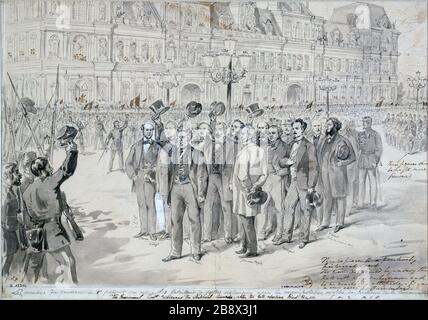 PARIS - DER SITZ VON PARIS "Les membres du gouvernement passent en Revue des bataillons de gardes nationaux après la Manifestation avortée des partisans de la Commune (8 Oktobre 1870)". Paris, musée Carnavalet. Stockfoto