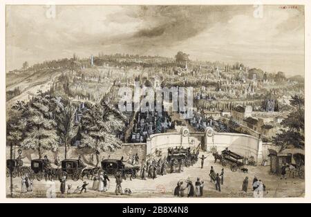 BLICK AUF DEN FRIEDHOF DES VATERS IN LACHAISE, 1837 (ANKUNFT EINER BEERDIGUNG) TESTARD. "Vue du cimetière du Père-Lachaise en 1837 (l'arrivée d'un enterrement)". Dessin. Paris, musée Carnavalet. Stockfoto