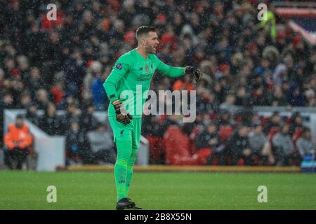 März 2020, Anfield, Liverpool, England; UEFA Champions League, Runde der 16. Etappe 2 von 2, Liverpool gegen Atletico Madrid: Adrian (13) von Liverpool während des Spiels Stockfoto