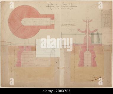 Plan und Abschnitte des Fundaments einer der vier Brunnen, die auf dem Place Royale errichtet wurden. Stockfoto