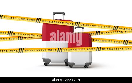 Koffer mit indonesischer Flagge in Quarantäne-Zone-Band abgedeckt. 3D-Rendering Stockfoto