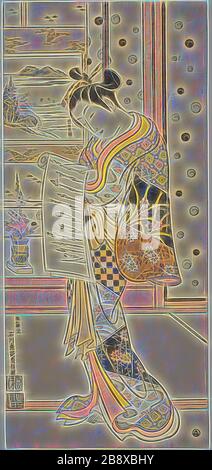 Kurtisan liest einen Brief, c 1745, Ishikawa Toyonobu, Japanisch, 1711-171, Japan, handfarbener Holzblockdruck, Toku-oban, urushi-e, 50,6 x 23,0 cm (19 3/4 x 9 Zoll), von Gibon neu vorgestellt, Design von warmem, fröhlichem Leuchten von Helligkeit und Lichtstrahlen. Klassische Kunst mit moderner Note neu erfunden. Fotografie, inspiriert vom Futurismus, die dynamische Energie moderner Technologie, Bewegung, Geschwindigkeit und Kultur revolutionieren. Stockfoto