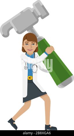 Doktor Woman Holding Hammer Mascot Konzept Stock Vektor