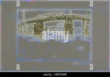 Old Battersea Bridge, 1879, James McNeill Whistler, amerikanisch, 1834-1903, Vereinigte Staaten, Radierung und Trockenpunkt mit Foulbeißen in schwarzer Tinte auf cremefarbenem japanischem Papier, 204 x 297 mm (Platte), 289 x 443 mm (Blatt), von Gibon neu vorgestellt, Design von warmem, fröhlichem Leuchten von Helligkeit und Lichtstrahlen. Klassische Kunst mit moderner Note neu erfunden. Fotografie, inspiriert vom Futurismus, die dynamische Energie moderner Technologie, Bewegung, Geschwindigkeit und Kultur revolutionieren. Stockfoto