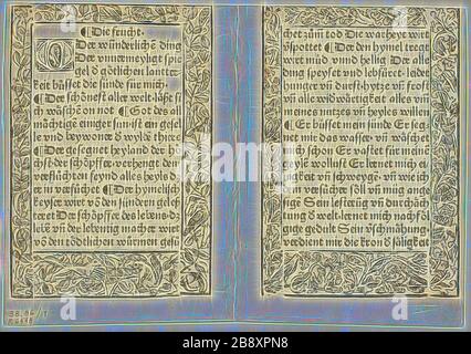 Devotionale Passagen mit ornamentalen Rändern aus Andächtig Zeitglöcklein des Lebens und Leidens Christi, Platte 17 aus Holzschnitten aus Büchern des 15. Jahrhunderts, 1493, Mappe zusammengestellt 1929, Unbekannter Künstler (Ulm, 15. Jahrhundert), gedruckt und herausgegeben von Konrad Dinckmut (Deutsch, aktiv 1476-1499), Originaltext von Bertholdus von Regensburg (Deutsch, ca. 1220-1272), Portfolio-Text von Wilhelm Ludwig Schreiber (Deutsch, 1852-1932), Deutschland, Holzschnitt und Briefpapier in Schwarz (Rekto und Verso) auf cremefarbenem Papier, aufgekippt auf cremefarbene Papiermatte, 135 x 194 mm, von Gibon neu erdacht, Gestaltung von warmem fröhlichem Stockfoto