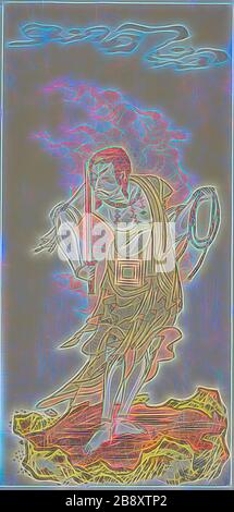 Der Schauspieler Ichikawa Danjuro V als der Buddhist Deity Fudo in der letzten Szene aus Teil eins des Spiels Fuki Kaete Tsuki mo Yoshiwara (Retrhatched Roof: Der Mond scheint auch über den Yoshiwara-Vergnügungsbezirk), aufgeführt im Morita-Theater vom ersten Tag des elften Monats, 171, c 171, Katsukawa Shunsho ?? ??, Japanisch, 1726-172, Japan, Farbholzmuster, Hosobin, 31,2 x 14,8 cm (12 1/4 x 5 13 / 16 Zoll), von Gibon neu vorgestellt, Design von warmem, fröhlichem Leuchten von Helligkeit und Lichtstrahlen. Klassische Kunst mit moderner Note neu erfunden. Vom Futurismus inspirierte Fotografie, umarmt Stockfoto