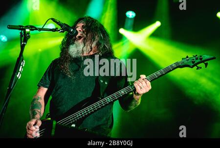 Kopenhagen, Dänemark. Juni 2017. Die amerikanische Thrash-Metal-Band Slayer führt ein Live-Konzert während des dänischen Musikfestivals Copenhell 2017 in Kopenhagen durch. Hier ist Sänger und Bassist Tom Araya live auf der Bühne zu sehen. (Foto: Gonzales Foto - Nikolaj Bransholm). Stockfoto