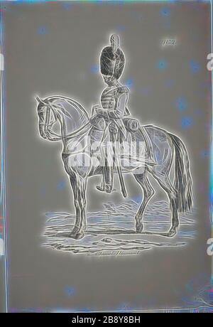 Royal Guard, Norman Mounted Soldier and Horse, Nr. 2, c "Carle Vernet" (Französisch, 1758-1834), gedruckt von Comte de Charles Philibert Lasteyrie du Saillant (Französisch, 1759-1849), Frankreich, lithographisch in Schwarz auf elfenbeinfarbenem Taubenpapier, 300 × 212 mm (Bild), 426 × 288 mm (Blatt), von Gibon neu erdacht, Design von warmfröhlichem Leuchten von Helligkeit und Lichtstrahlen. Klassische Kunst mit moderner Note neu erfunden. Fotografie, inspiriert vom Futurismus, die dynamische Energie moderner Technologie, Bewegung, Geschwindigkeit und Kultur revolutionieren. Stockfoto