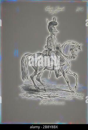 Royal Guard, Norman Mounted Dragoon and Horse, Nr. 5, First Limoges Horse, c "Carle Vernet" (Französisch, 1758-186), gedruckt von Comte de Charles Philibert Lasteyrie du Saillant (Französisch, 1759-1849), Frankreich, lithographisch in Schwarz auf Elfenbeinwobenpapier, 254 × 204 mm (Bild), 377 × 269 mm (Blatt), von Gibon neu vorgestellt, Entwurf eines warmfröhlichen Lichts von Helligkeit und Lichtstrahlen. Klassische Kunst mit moderner Note neu erfunden. Fotografie, inspiriert vom Futurismus, die dynamische Energie moderner Technologie, Bewegung, Geschwindigkeit und Kultur revolutionieren. Stockfoto