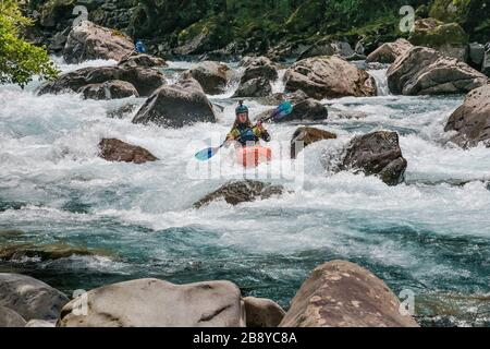 Kajaktouren auf den Stromschnellen des Hollyford River, Fiordland National Park, in der Nähe des Milford Sound, Southland Region, South Island, Neuseeland Stockfoto