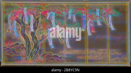 Herbst-Maples mit Gedichtzettel, c 1675, Tosa Mitsuoki, Japanisch, 1617-1691, Japan, Sechs-Panel-Bildschirm (einer von zwei), Tinte, Farben, Blattgold und Goldpulver auf Seide, 144 × 286 cm, von Gibon neu vorgestellt, Design von warmfröhlichem Leuchten von Helligkeit und Lichtstrahlen. Klassische Kunst mit moderner Note neu erfunden. Fotografie, inspiriert vom Futurismus, die dynamische Energie moderner Technologie, Bewegung, Geschwindigkeit und Kultur revolutionieren. Stockfoto