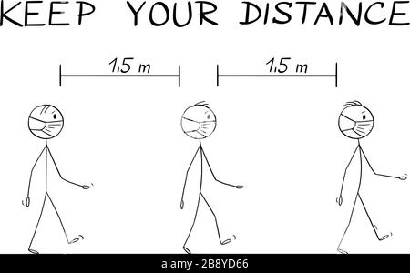 Vector Cartoon Stick Figur Zeichnung Illustration Anleitung, wie man auf der Straße während Coronavirus COVID-19 Epidemie zu gehen. Halten Sie den Text für die Distanz. Stock Vektor