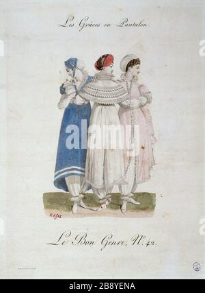 GUTES GESCHLECHT: DIE ANMUT IN DER HOSE GEORGES-JACQUES GATINE. "Le Bon Genre numéro 42 : les Grâces en Pantalon, 1810". Paris, musée Carnavalet. Stockfoto