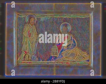 Bild (wahrscheinlich von einem Orphrey Band, das Christus vor Maria Magdalena darstellt), 1400/25, Deutschland, möglicherweise Köln, Deutschland, Leinen, einfarbiges Webmuster, Applikation mit Seide, Satingeweben und Leinenschnur, bestickt mit Seidenfloss, Leinen und Gold sowie silberfarbenen vergoldeten Streifen, die um Seidenfaserkerne in Kreuz, Umriss, Satin, Split- und Stielnähte, couching, 17,2 x 24,8 cm (6 3/4 x 9 3/4 Zoll), von Gibon neu vorgestellt, Design von warmem, fröhlichem Leuchten von Helligkeit und Lichtstrahlen. Klassische Kunst mit moderner Note neu erfunden. Fotografie, inspiriert vom Futurismus, mit dynamischer Energie der Moderne Stockfoto