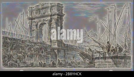 Bogen von Trajan in Ancona, Platte 28 aus einigen Ansichten von Triumphbögen und anderen Denkmälern, 1748, Giovanni Battista Piranesi, Italienisch, 1720-1878, Italien, Radierung auf elfenbeinfarbenem Laienpapier, 135 x 268 mm (Platte), 340 x 455 mm (Blatt), von Gibon neu vorgestellt, Design mit warmem, fröhlichem Glanz von Helligkeit und Lichtstrahlen. Klassische Kunst mit moderner Note neu erfunden. Fotografie, inspiriert vom Futurismus, die dynamische Energie moderner Technologie, Bewegung, Geschwindigkeit und Kultur revolutionieren. Stockfoto
