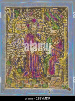 Christus vor Annas, 1460-65, Bayerisch, 15. Jahrhundert, Deutschland, Metalcut in schwarzer Hand mit Pinsel und Aquarell in gelbem, rotbraunem See, Und grün, auf elfenbeinfarbenem Papier, mit Handschrifttext in Stift und brauner Tinte auf Verso, 100 × 75 mm (Platte), 105 × 80 mm (Blatt), von Gibon neu vorgestellt, Design von warmem, fröhlichem Leuchten von Helligkeit und Lichtstrahlen. Klassische Kunst mit moderner Note neu erfunden. Fotografie, inspiriert vom Futurismus, die dynamische Energie moderner Technologie, Bewegung, Geschwindigkeit und Kultur revolutionieren. Stockfoto