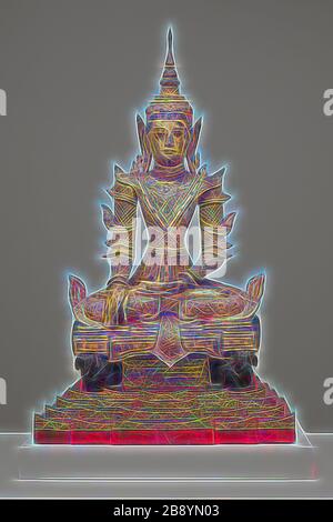 Bekrönter und bejuwelierter Buddha auf einem Elephantenthron, Ende des 19. Jahrhunderts, Birma (heute Myanmar), Birma, vergoldetes und lackiertes Holz mit Farbe und farbigem Glas, 144,5 × 85,2 × 49,2 cm (56 7/8 × 33 9/16 × 19 3/8 Zoll), neu von Gibon vorgestellt, Design mit warmem, fröhlichem Glanz von Helligkeit und Lichtstrahlen. Klassische Kunst mit moderner Note neu erfunden. Fotografie, inspiriert vom Futurismus, die dynamische Energie moderner Technologie, Bewegung, Geschwindigkeit und Kultur revolutionieren. Stockfoto