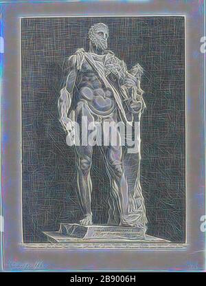 Herkules und Telephos, Platte zwei von drei berühmten antiken Skulpturen, c 1592, gedruckt c 1617, Hendrick Goltzius (niederländisch, 1558-1617), Text geschrieben von Theodorus Schrevelius, Niederlande, Gravur auf elfenbeinfarbenem Laienpapier, 404 x 292 mm (Bild), 416 x 300 mm (Platte), 480 x 363 mm (Blatt), von Gibon neu vorgestellt, Entwurf von warmfröhlichen Strahlen, die Helligkeit und Lichtstrahlen leuchten. Klassische Kunst mit moderner Note neu erfunden. Fotografie, inspiriert vom Futurismus, die dynamische Energie moderner Technologie, Bewegung, Geschwindigkeit und Kultur revolutionieren. Stockfoto