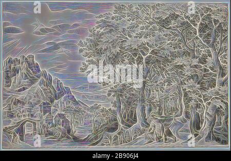 Samson Killing the Lion, 1603, Nicolaes de Bruyn (flämisch, 1571-1656), nach Gillis van Coninxloo (Netherlandish, c 1544-1607), Flanders, in Schwarz graviert auf elfenbeinfarbenem Laienpapier, 442 × 688 mm, von Gibon neu vorgestellt, Design von warmem fröhlichem Leuchten von Helligkeit und Lichtstrahlen. Klassische Kunst mit moderner Note neu erfunden. Fotografie, inspiriert vom Futurismus, die dynamische Energie moderner Technologie, Bewegung, Geschwindigkeit und Kultur revolutionieren. Stockfoto