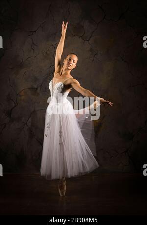 Schlanke Frau in einem weißen Korsett tutu tanzen Ballett. Studio-Aufnahmen vor dunklem Hintergrund, isolierte Bilder. Stockfoto