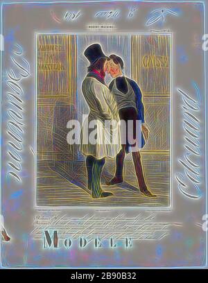 Robert: Nun, gut! Mein lieber Regisseur… Wie geht es Ihnen? Bertrand: Gut, sehr gut, ich bin ziemlich zufrieden. Leider haben wir keinen Cent, um fortzufahren!, Oh BLAST!, aber ein Investor schuldet uns immer noch 200.000 Francs… Und wird entweder heute Abend oder morgen früh zur Unterschrift kommen., etwa zur Zeit… Ich brauche dringend ein neues Paar Stiefel, Platte 6 von Robert Macaire, 1841, Honoré Victorin Daumier (Französisch, 1808-1879), Modell von Édouard Bouvenne (Französisch, aktives 19. Jahrhundert), Frankreich, lithograph, mit Aquarell, erhöht mit Gummi arabisch auf Elfenbein Wove Papier, 357 × 277 mm, neu von Gibon, Design von Stockfoto