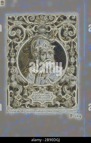 Hektor von Troja, Platte eins aus den neun Wertnissen, 1594, Nicolaes de Bruyn (Flämisch, 1571-1656), herausgegeben von Assuerus van Londerseel (Flämisch, 1572-1635), Flanders, Gravur in Schwarz auf cremefarbenem Papier, 117 × 88 mm (Bild), 124 × 91 mm (Platte), 197 × 153 mm (Blatt), neu vorgestellt von Gibon Design mit warmem, fröhlichem Glanz von Helligkeit und Lichtstrahlen. Klassische Kunst mit moderner Note neu erfunden. Fotografie, inspiriert vom Futurismus, die dynamische Energie moderner Technologie, Bewegung, Geschwindigkeit und Kultur revolutionieren. Stockfoto