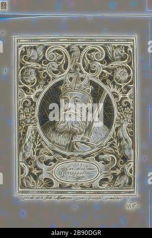 Karl der große, Platte sieben aus den neun Wertschriften, 1594, Nicolaes de Bruyn (Flämisch, 1571-1656), herausgegeben von Assuerus van Londerseel (Flämisch, 1572-1635), Flanders, Gravur in Schwarz auf cremefarbenem Papier, 118,5 × 91 mm (Bild), 123 × 92 mm (Platte), 180 × mm (Blatt), Gibon neu vorgestellt von Gibon Design mit warmem, fröhlichem Glanz von Helligkeit und Lichtstrahlen. Klassische Kunst mit moderner Note neu erfunden. Fotografie, inspiriert vom Futurismus, die dynamische Energie moderner Technologie, Bewegung, Geschwindigkeit und Kultur revolutionieren. Stockfoto