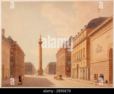 Straße des Friedens, aktueller 2. Bezirk und aktueller 1. Bezirk Vendôme, unter der Restauration Simon-Claude Constant-Dufeux (1801-1871). "Rue de la Paix et Place Vendôme, sous la Restauration". Paris (Ier arr.), 1815-1830. Aquarelle sur Papier éCRU. Paris, musée Carnavalet. Stockfoto