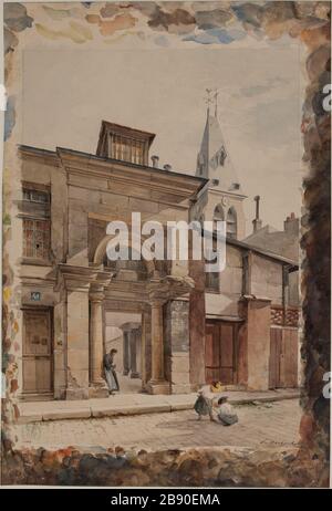 Seiteneingang der Kirche Saint-Medard, Daubenton Straße, 5. Bezirk Victor Dargaud (1850-1921). Entrée latérale de l'église Saint-Médard, rue Daubenton, 5 ème, Bezirk. Aquarelle sur traits au crayon, sur Papier crème. Paris, musée Carnavalet. Stockfoto